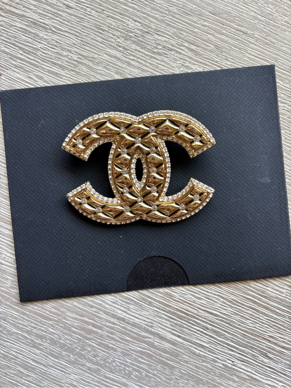 Authentic CHANEL Gold Quilted Interlocking CC Brooch with Crystal Trim